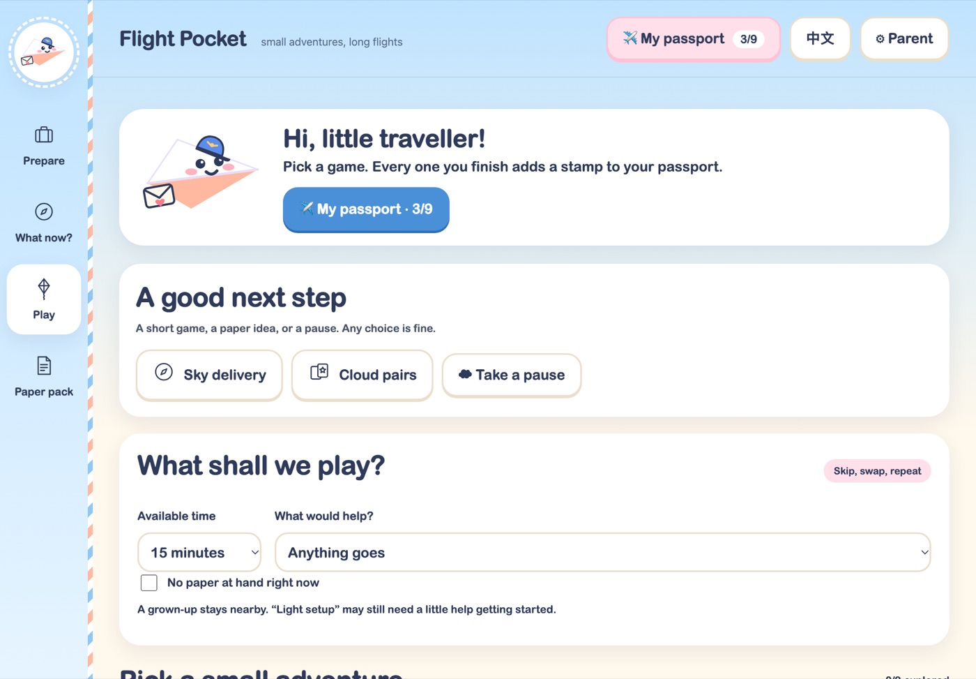 Flight Pocket in child mode: the mascot says “Hi, little traveller!” above a choice of games